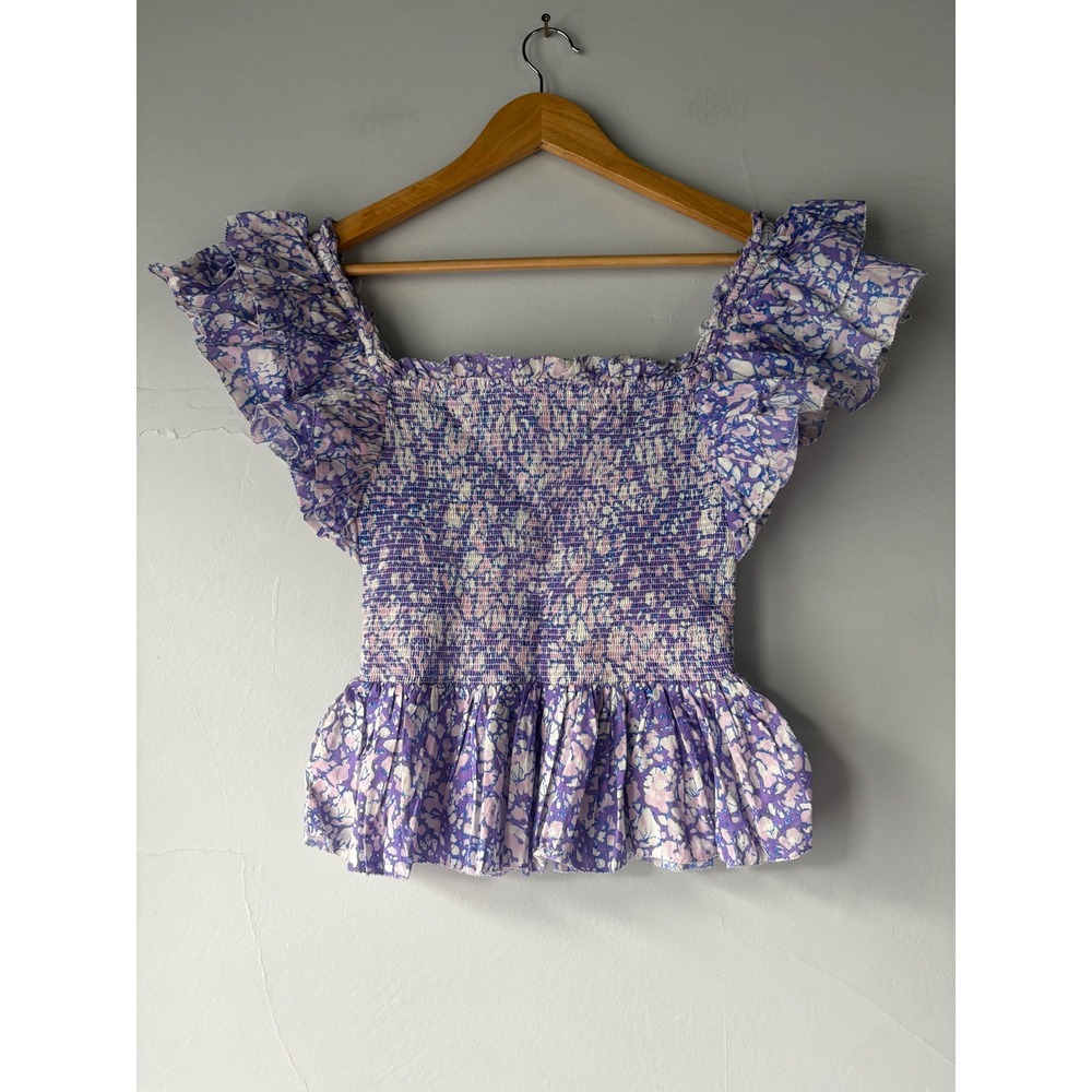Love The Label Purple Floral Smocked Ruffle Peplum Top XS - Picture 4 of 7